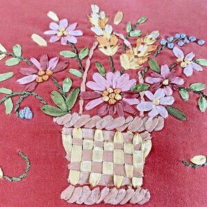 Vintage Pink Embroidered Pillow Cover 13" Square Floral Flower Basket Cotton Zip